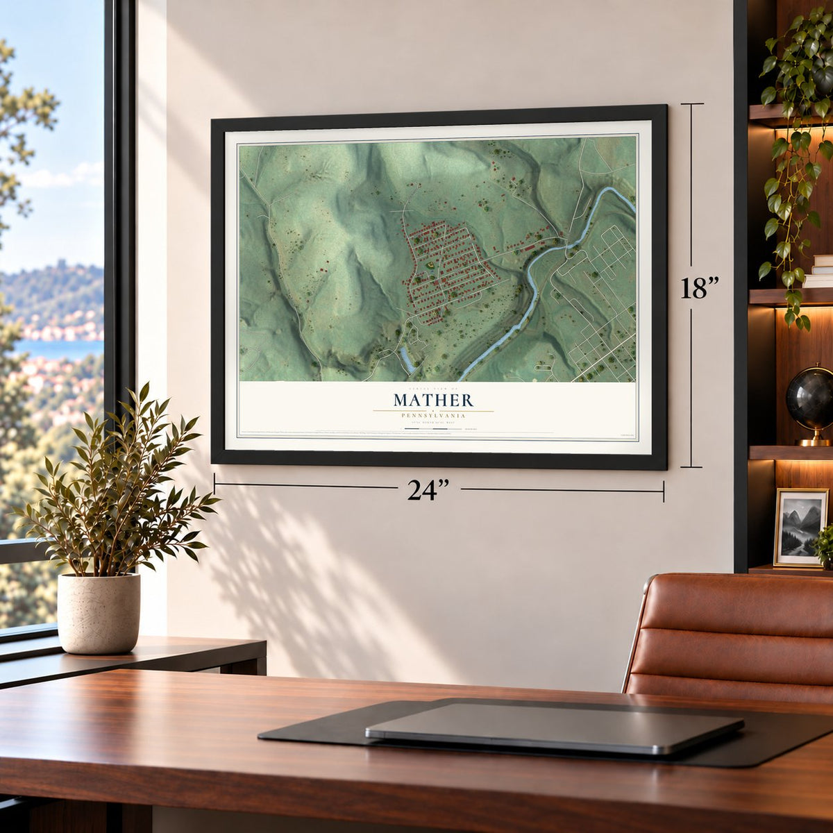 Mather, Pennsylvania map, 18 x 24 inch print in a black frame in a home office