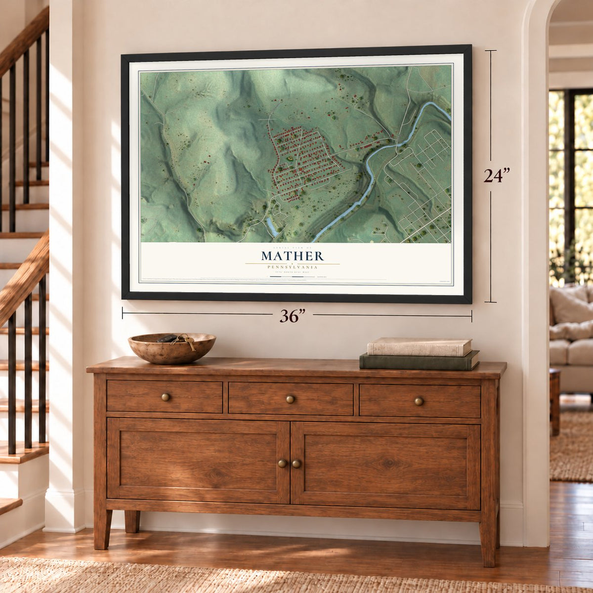 Mather, Pennsylvania map, 24 x 36 inch print in a black frame above a dresser by a staircase