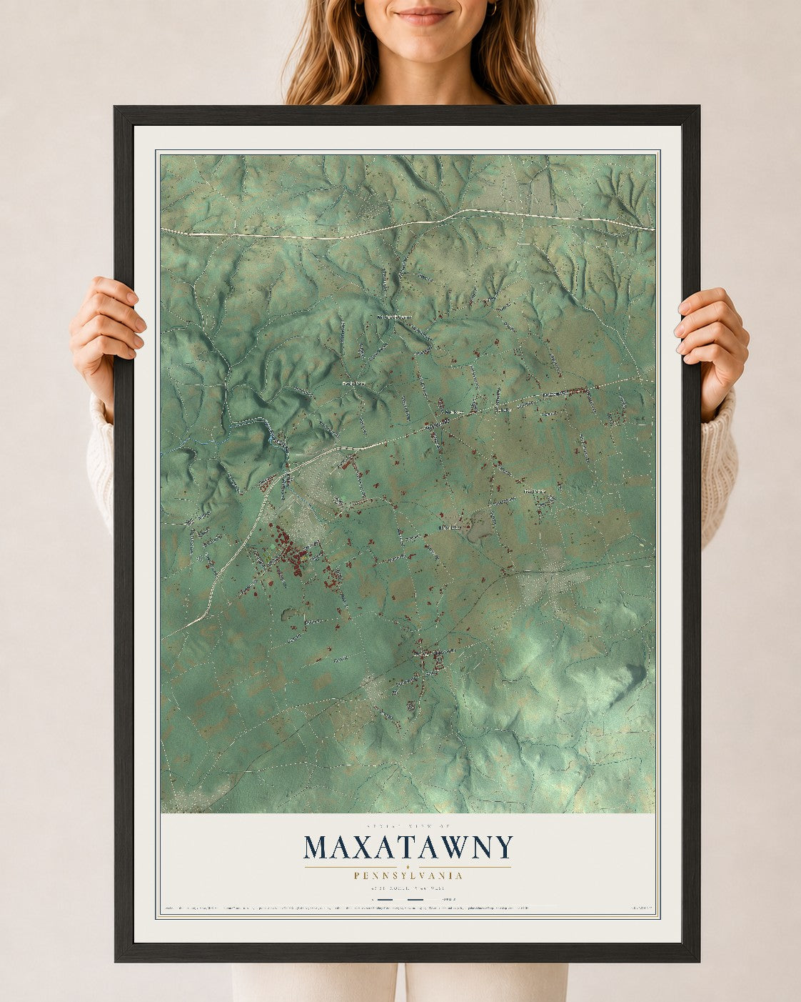 Map of Maxatawny, Pennsylvania, 24 x 36 inch print in a black wood frame