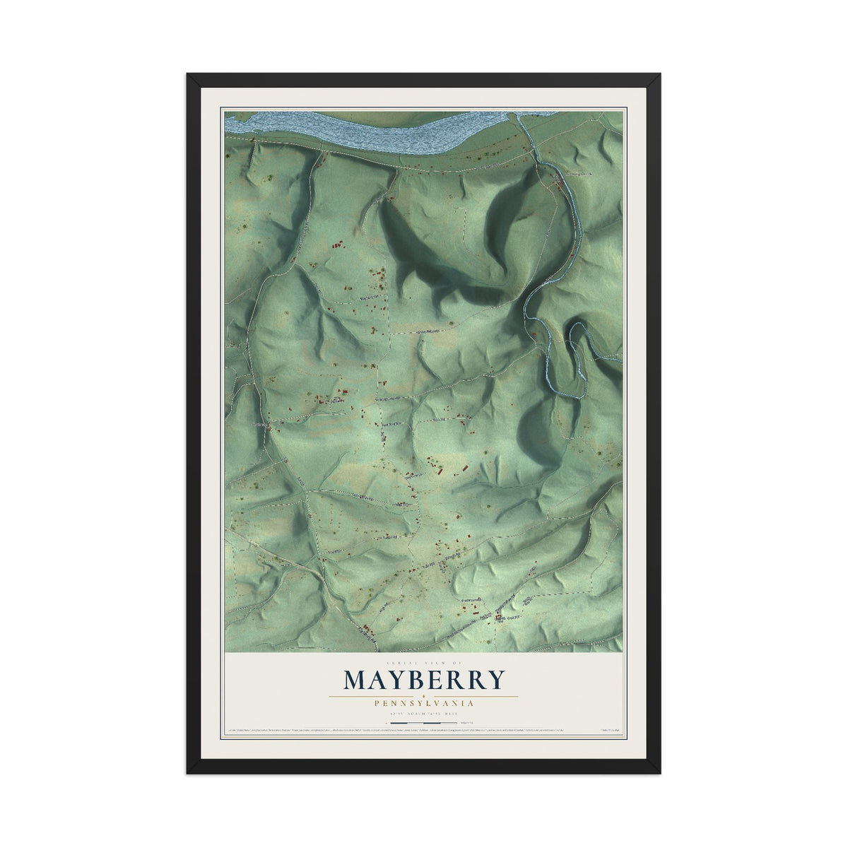 Map of Mayberry, Pennsylvania, 12 x 18 inch print in a black wood frame