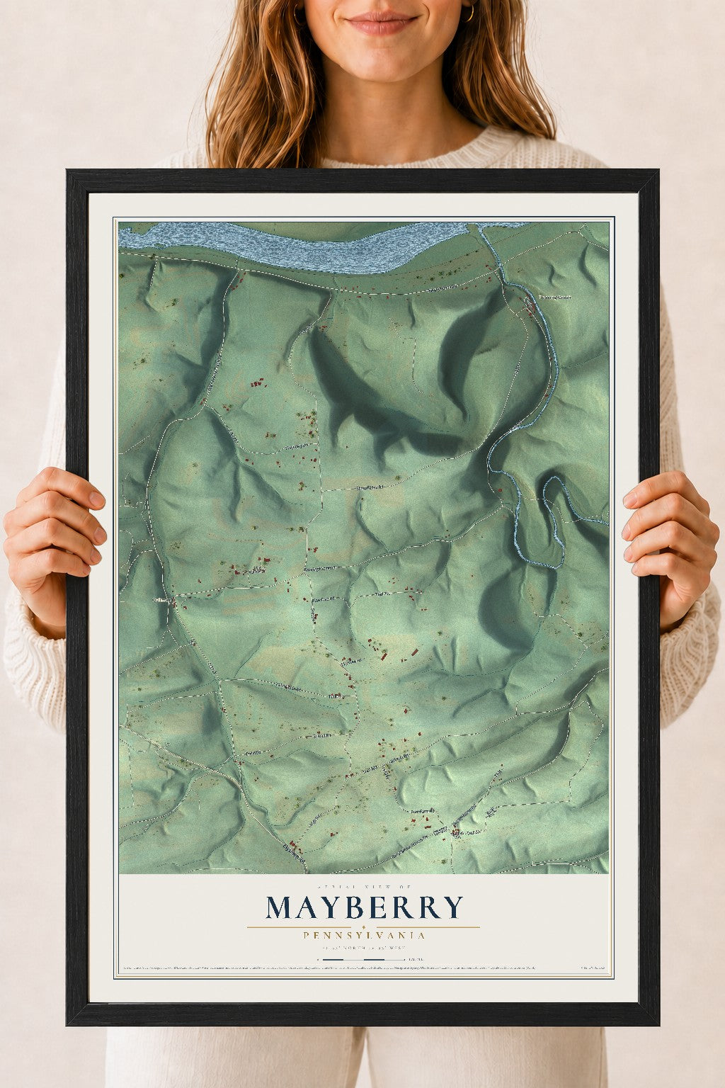 Map of Mayberry, Pennsylvania, 18 x 24 inch print in a black wood frame
