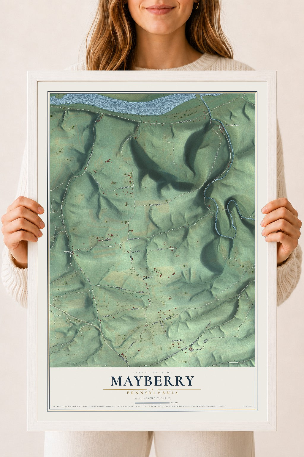 Map of Mayberry, Pennsylvania, 18 x 24 inch print in a white wood frame