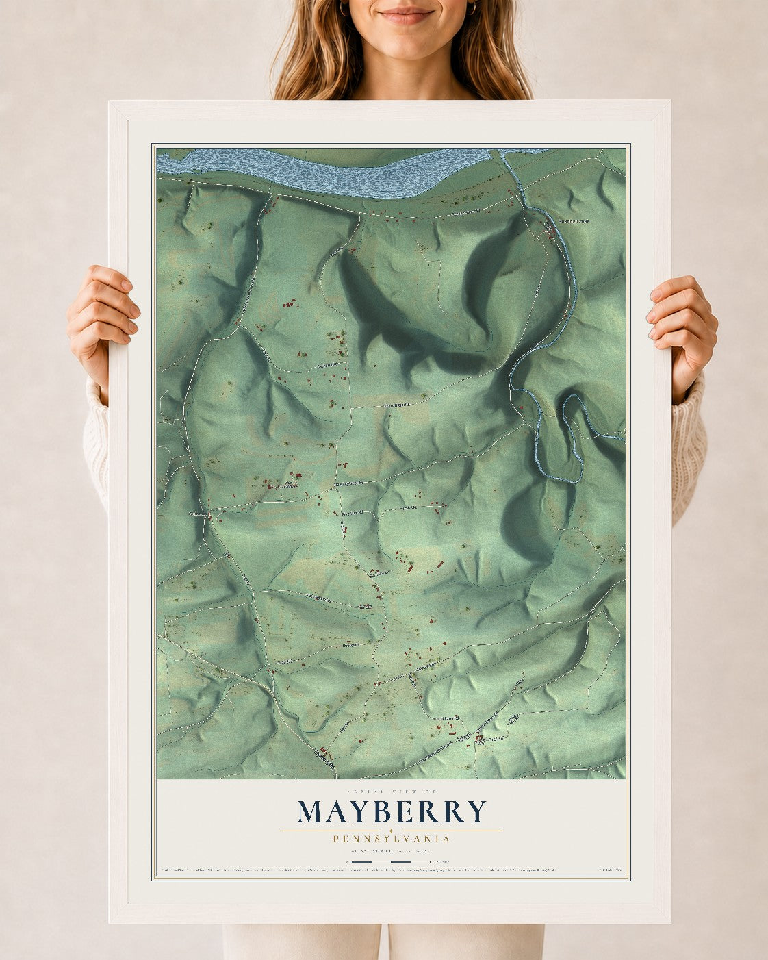 Map of Mayberry, Pennsylvania, 24 x 36 inch print in a white wood frame