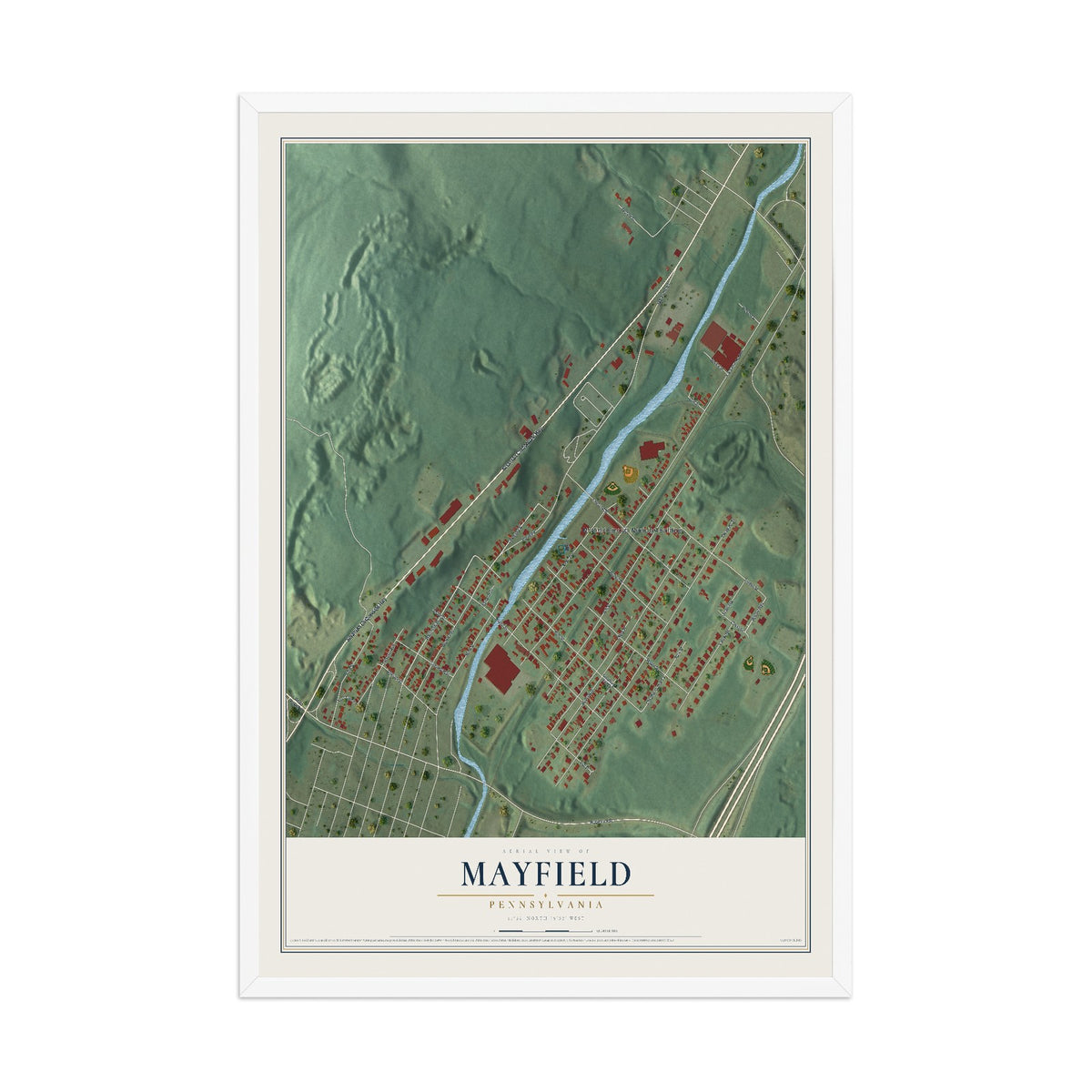 Map of Mayfield, Pennsylvania, 12 x 18 inch print in a white wood frame