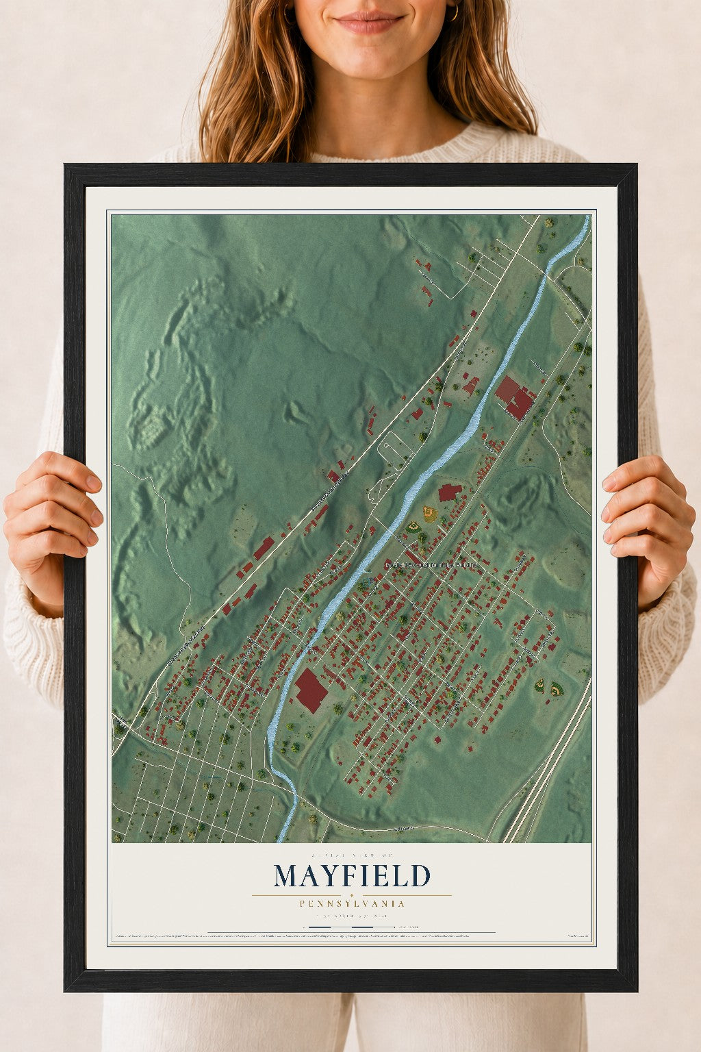 Map of Mayfield, Pennsylvania, 18 x 24 inch print in a black wood frame