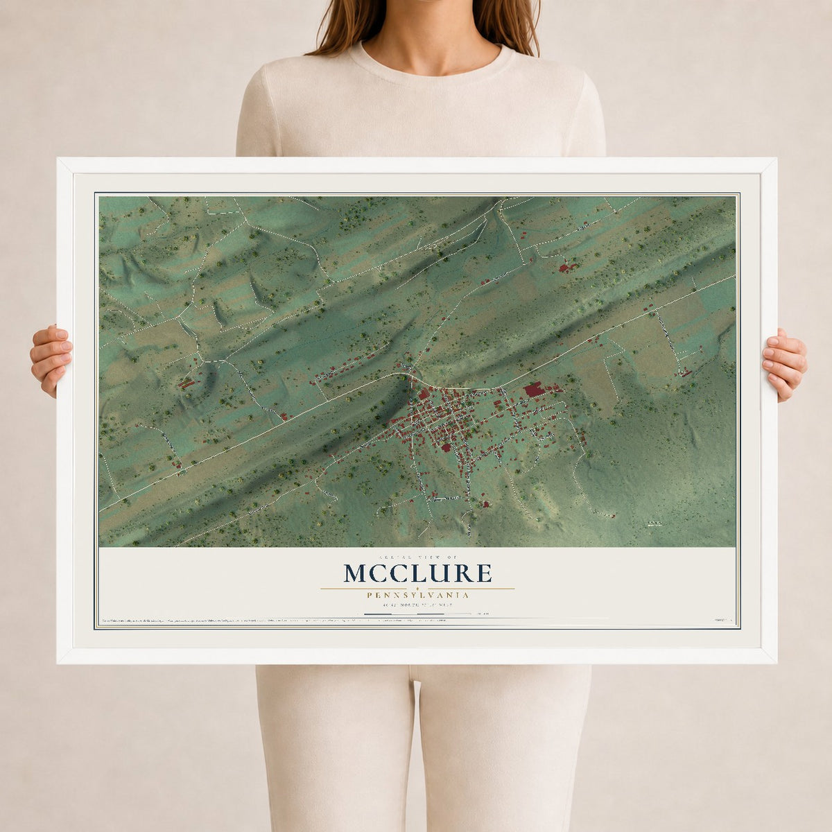 Map of McClure, Pennsylvania, 24 x 36 inch print in a white wood frame