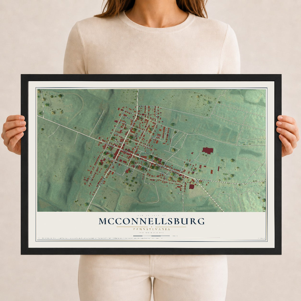 Map of McConnellsburg, Pennsylvania, 12 x 18 inch print in a black wood frame