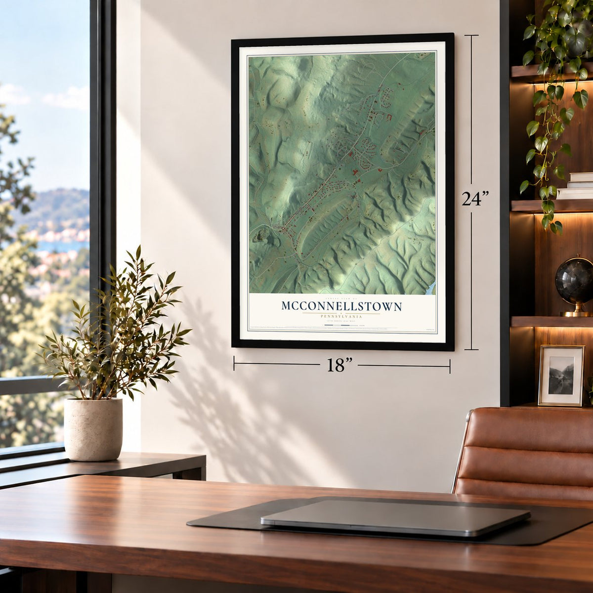 McConnellstown, Pennsylvania map, 18 x 24 inch print in a black frame in a home office