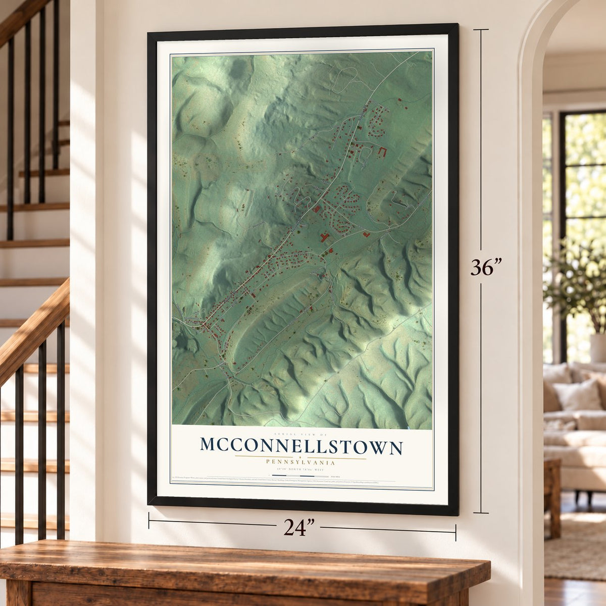 McConnellstown, Pennsylvania map, 24 x 36 inch print in a black frame by a staircase