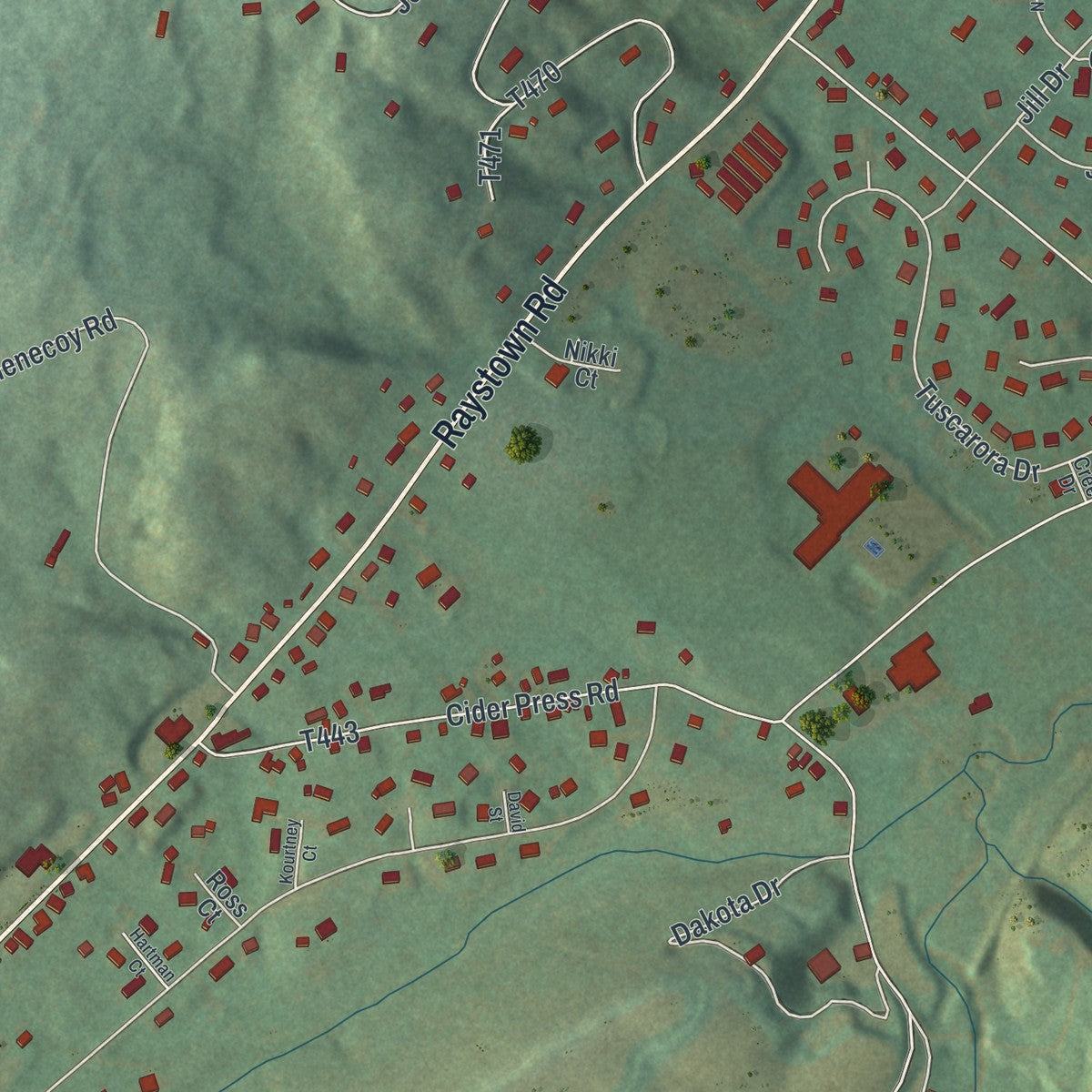 Close-up of the map of McConnellstown, Pennsylvania print showing street and building detail