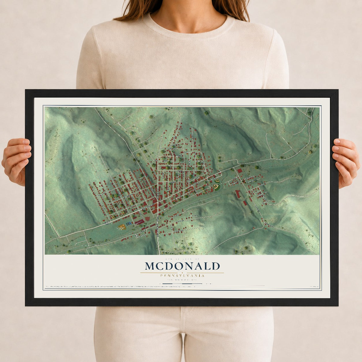 Map of McDonald, Pennsylvania, 12 x 18 inch print in a black wood frame