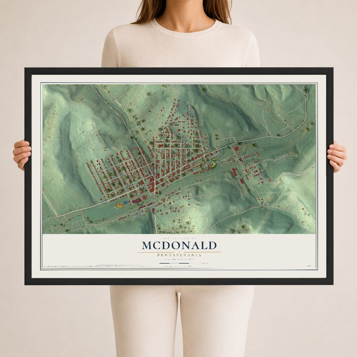 Map of McDonald, Pennsylvania, 24 x 36 inch print in a black wood frame