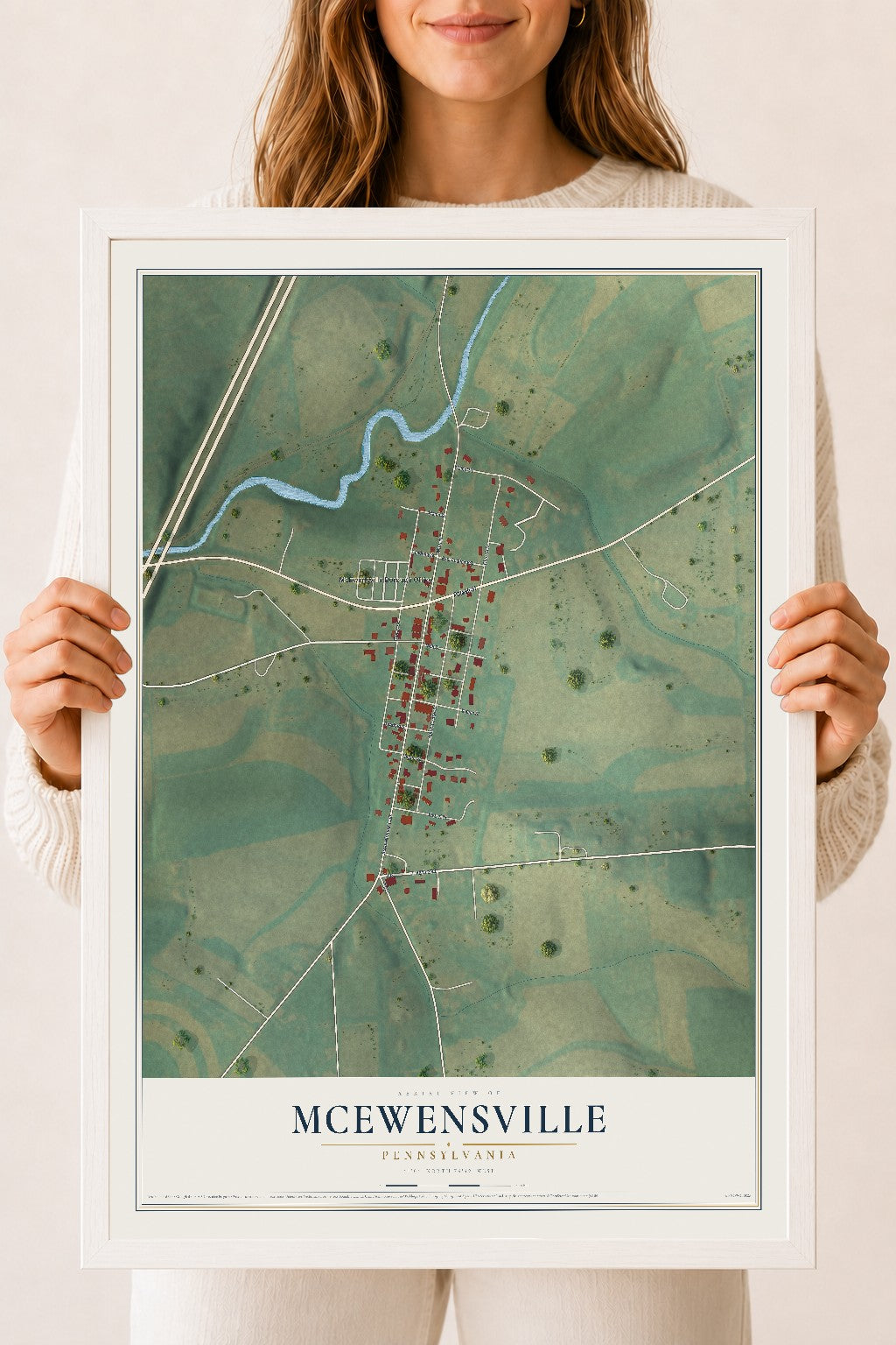 Map of McEwensville, Pennsylvania, 18 x 24 inch print in a white wood frame