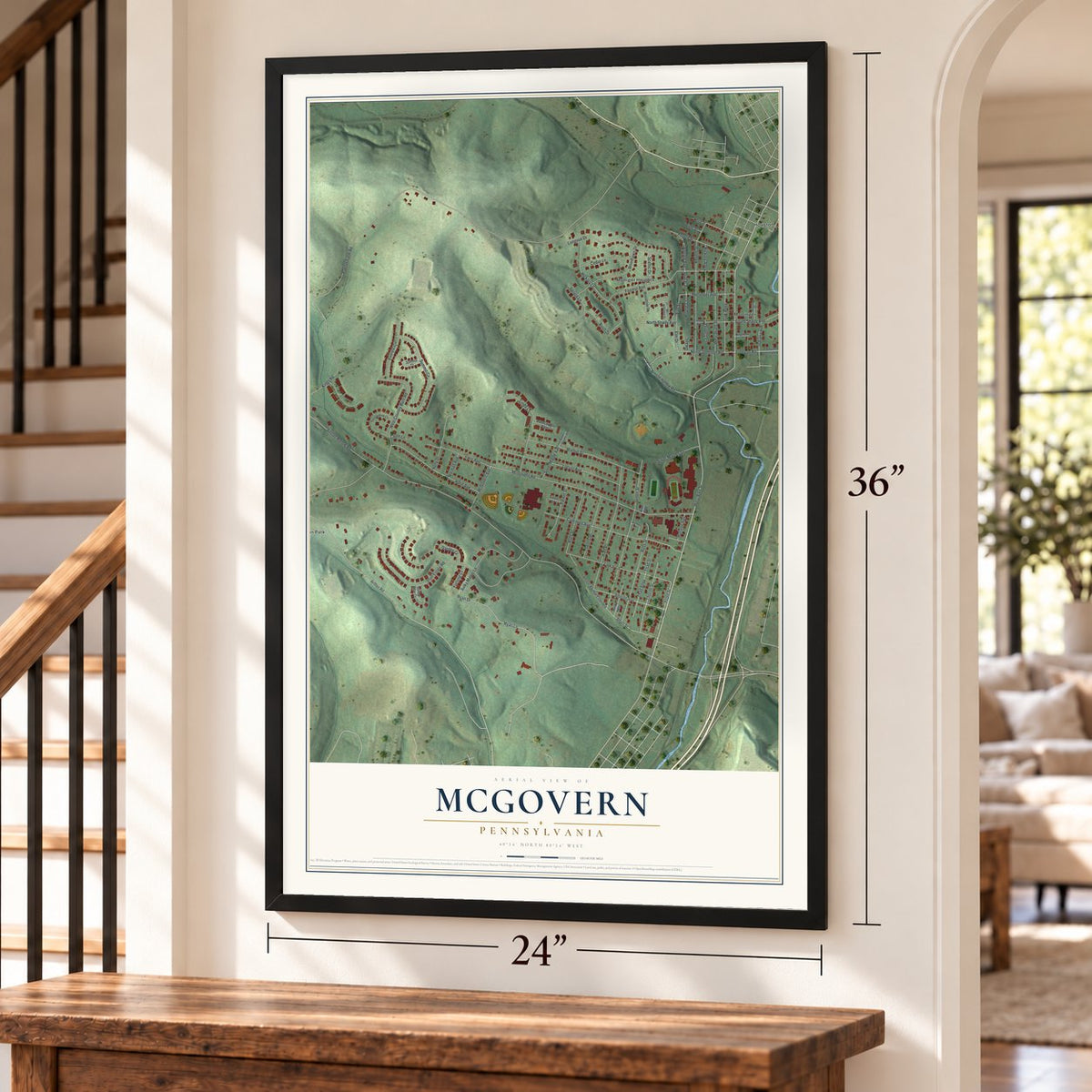 McGovern, Pennsylvania map, 24 x 36 inch print in a black frame by a staircase