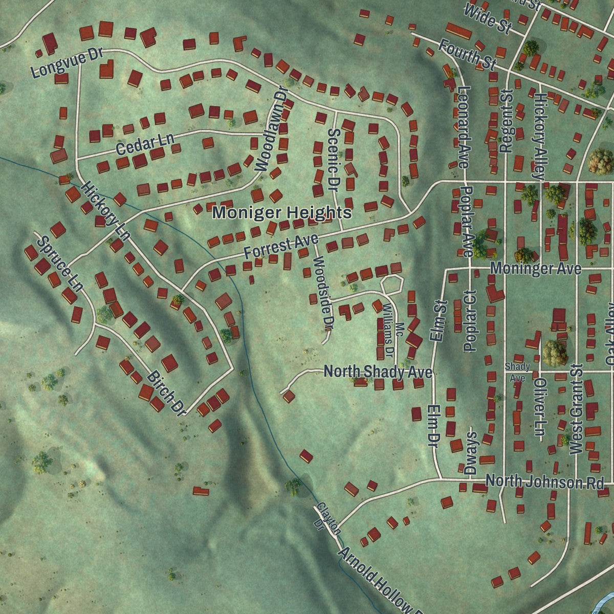 Close-up of the map of McGovern, Pennsylvania print showing street and building detail