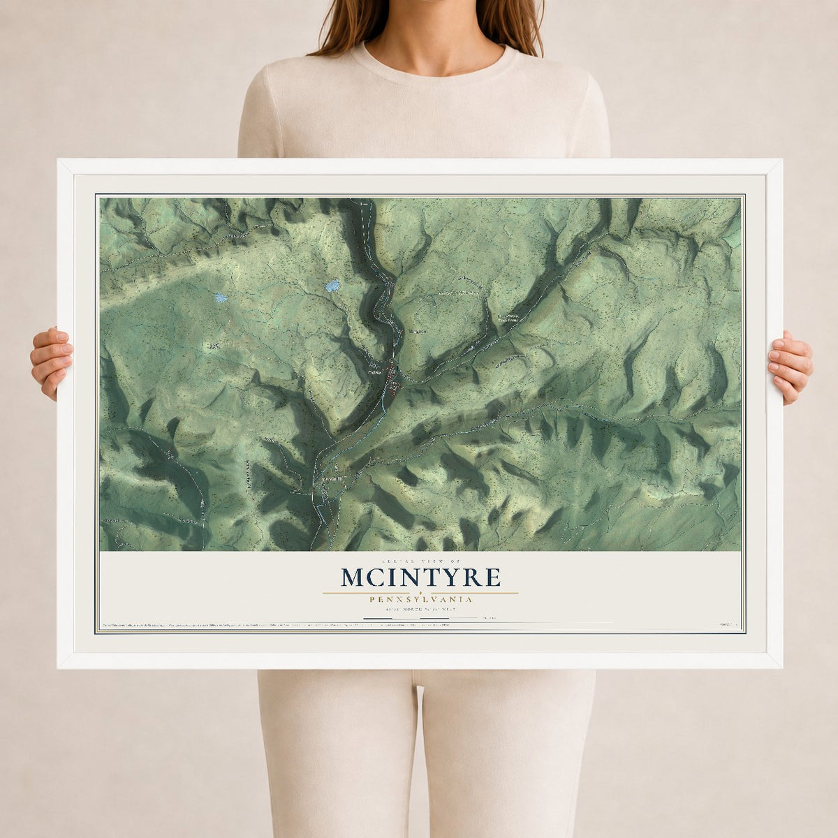 Map of McIntyre, Pennsylvania, 24 x 36 inch print in a white wood frame
