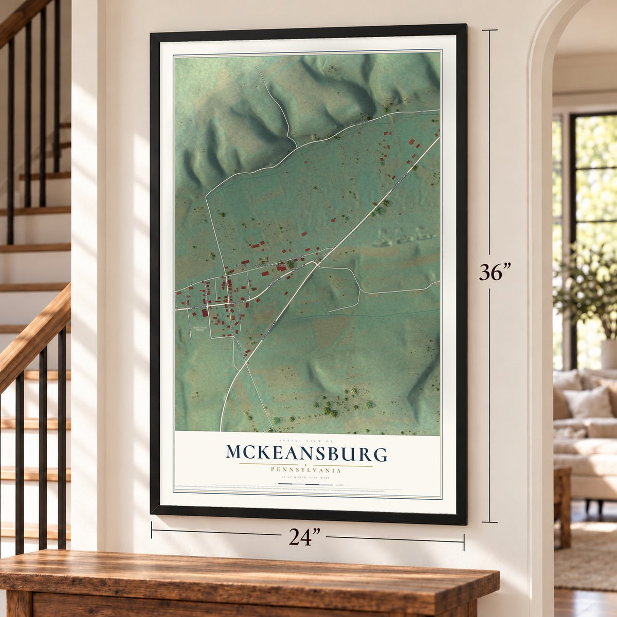 McKeansburg, Pennsylvania map, 24 x 36 inch print in a black frame by a staircase