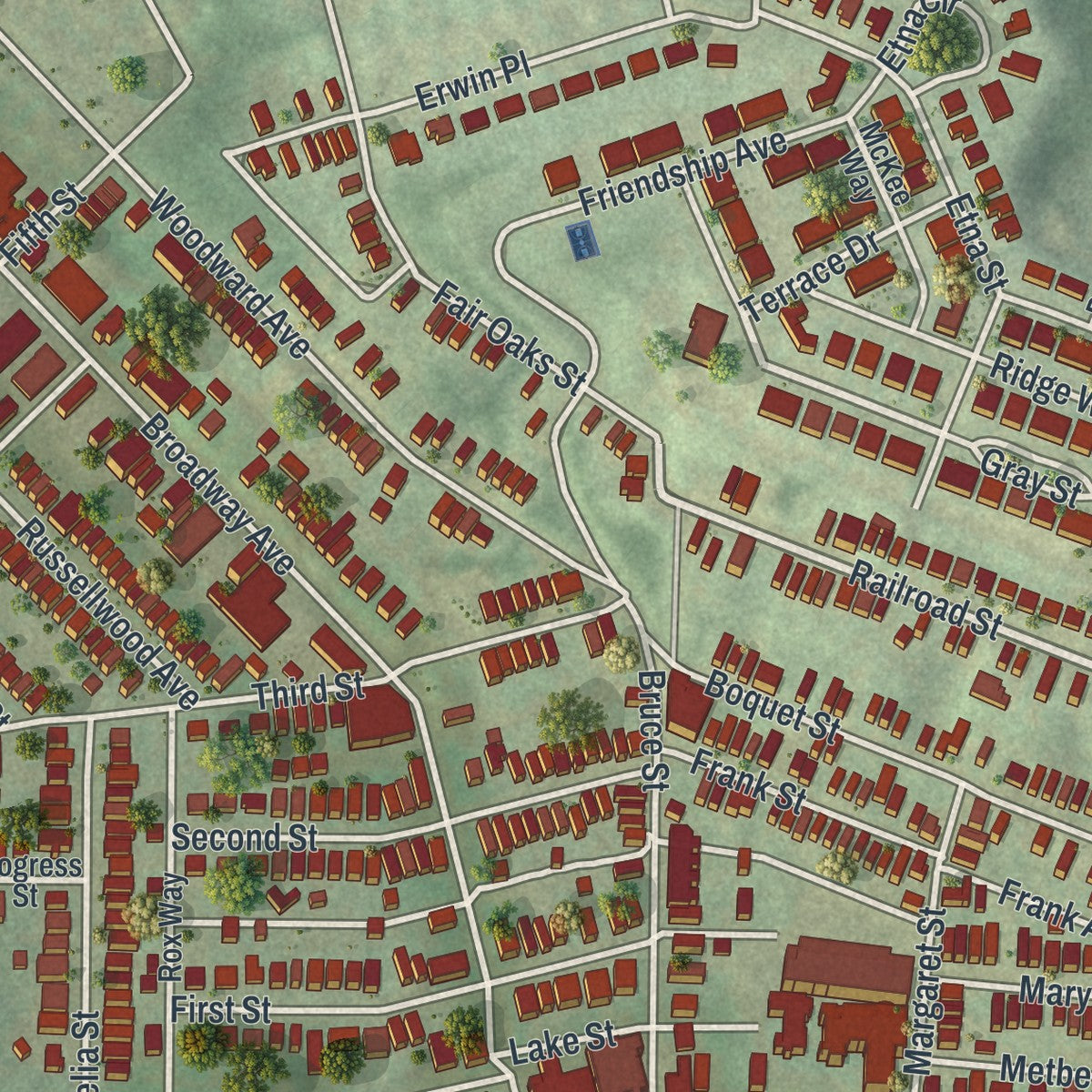 Close-up of the map of McKees Rocks, Pennsylvania print showing street and building detail
