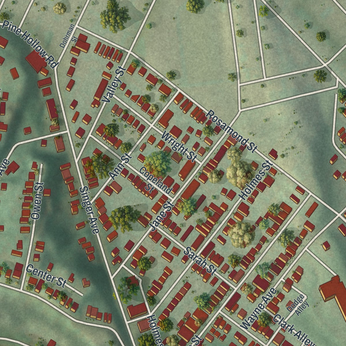 Second close-up of the map of McKees Rocks, Pennsylvania print showing more streets and buildings