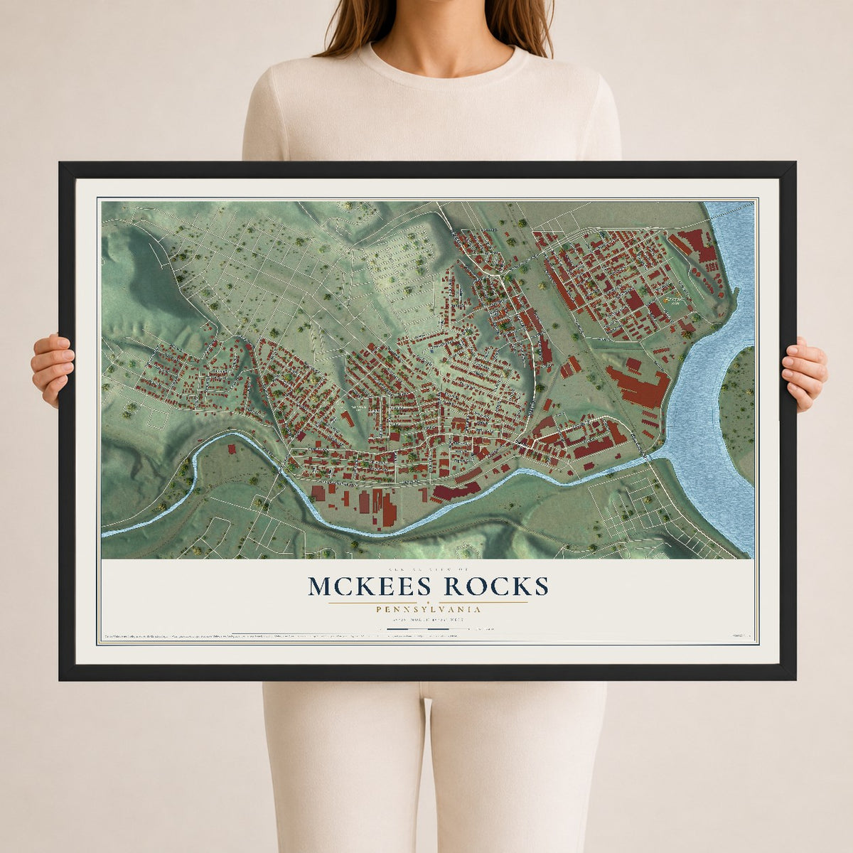 Map of McKees Rocks, Pennsylvania, 24 x 36 inch print in a black wood frame