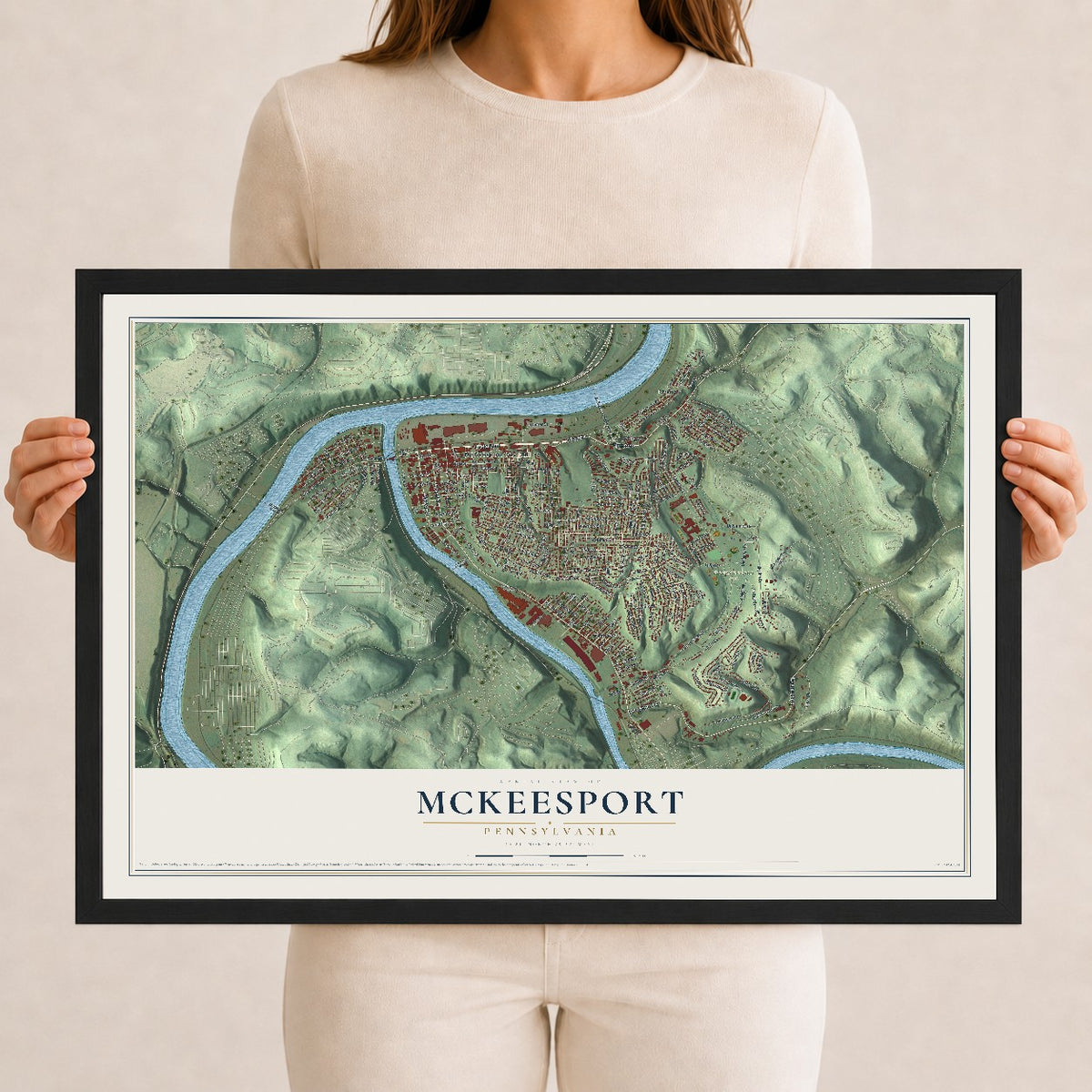 Map of McKeesport, Pennsylvania, 12 x 18 inch print in a black wood frame