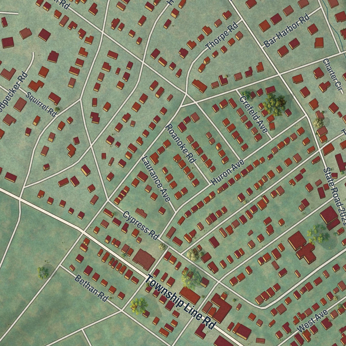 Close-up of the map of McKinley, Pennsylvania print showing street and building detail