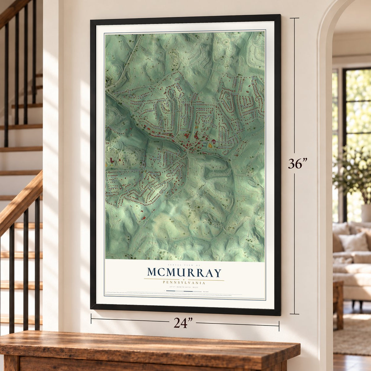 McMurray, Pennsylvania map, 24 x 36 inch print in a black frame by a staircase