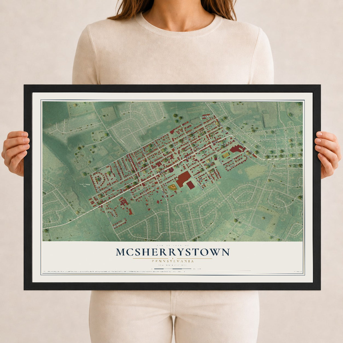 Map of McSherrystown, Pennsylvania, 12 x 18 inch print in a black wood frame