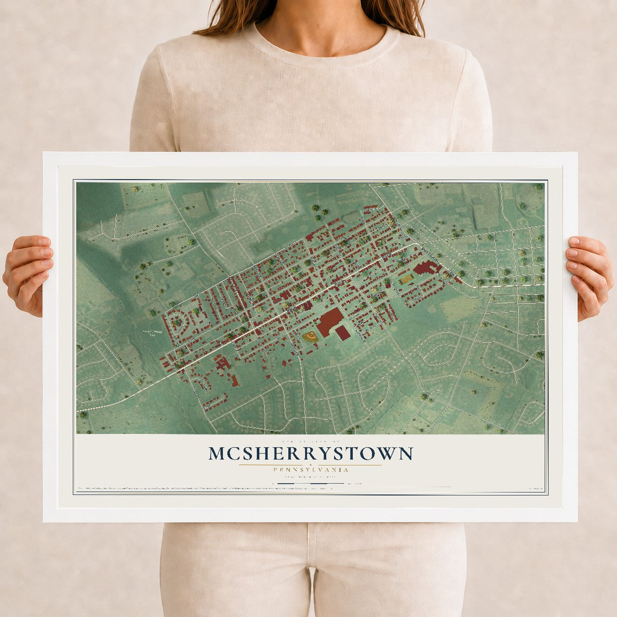 Map of McSherrystown, Pennsylvania, 12 x 18 inch print in a white wood frame