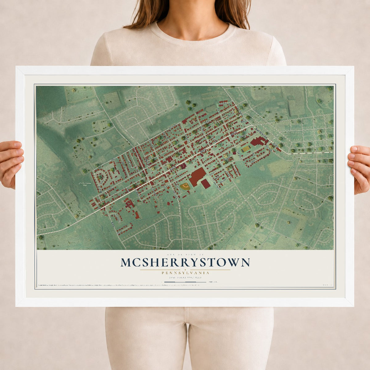 Map of McSherrystown, Pennsylvania, 18 x 24 inch print in a white wood frame