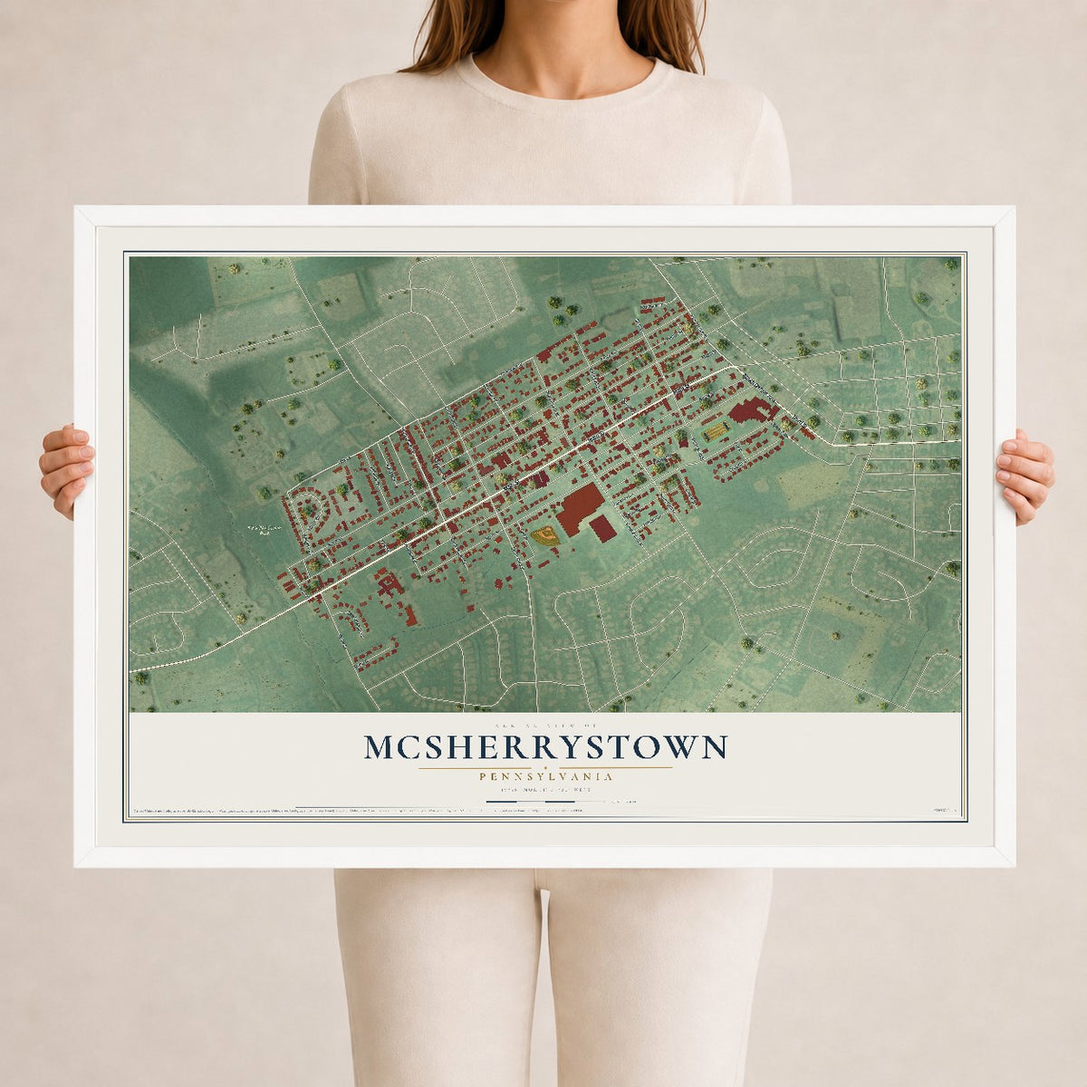 Map of McSherrystown, Pennsylvania, 24 x 36 inch print in a white wood frame