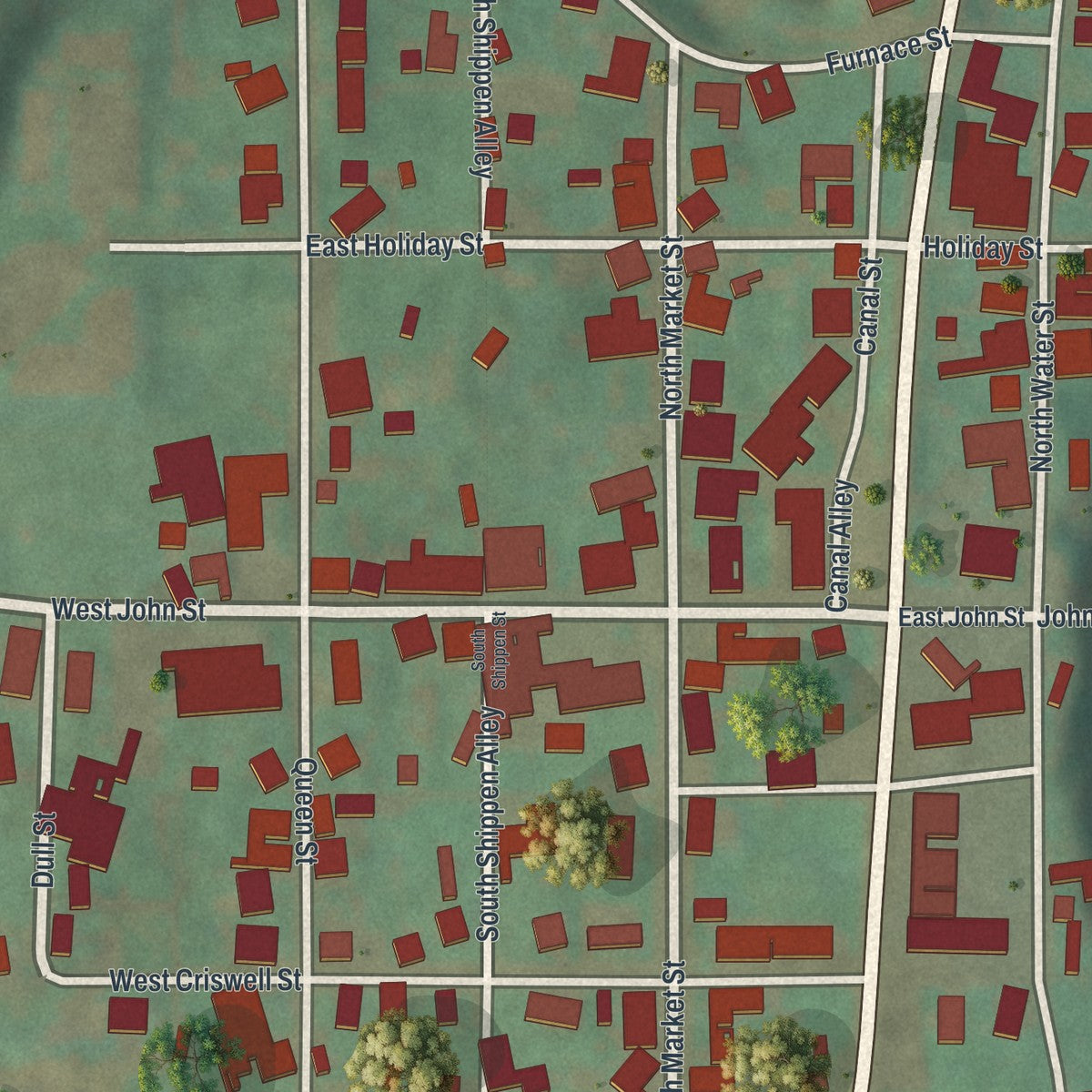 Close-up of the map of McVeytown, Pennsylvania print showing street and building detail