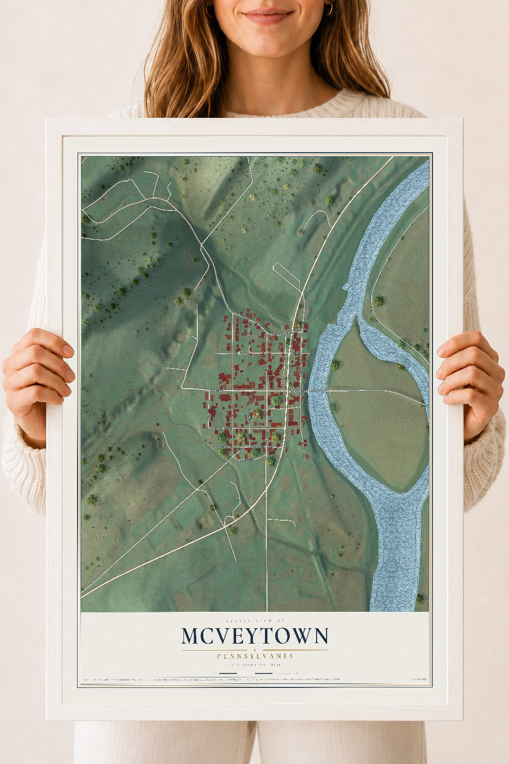 Map of McVeytown, Pennsylvania, 18 x 24 inch print in a white wood frame