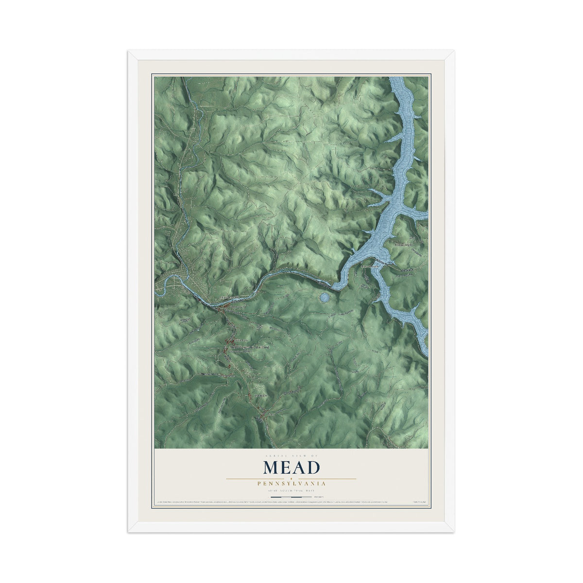 Map of Mead, Pennsylvania, 12 x 18 inch print in a white wood frame