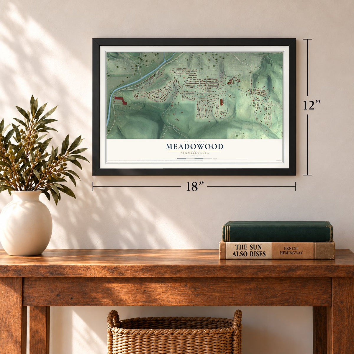 Meadowood, Pennsylvania map, 12 x 18 inch print in a black frame in an entryway