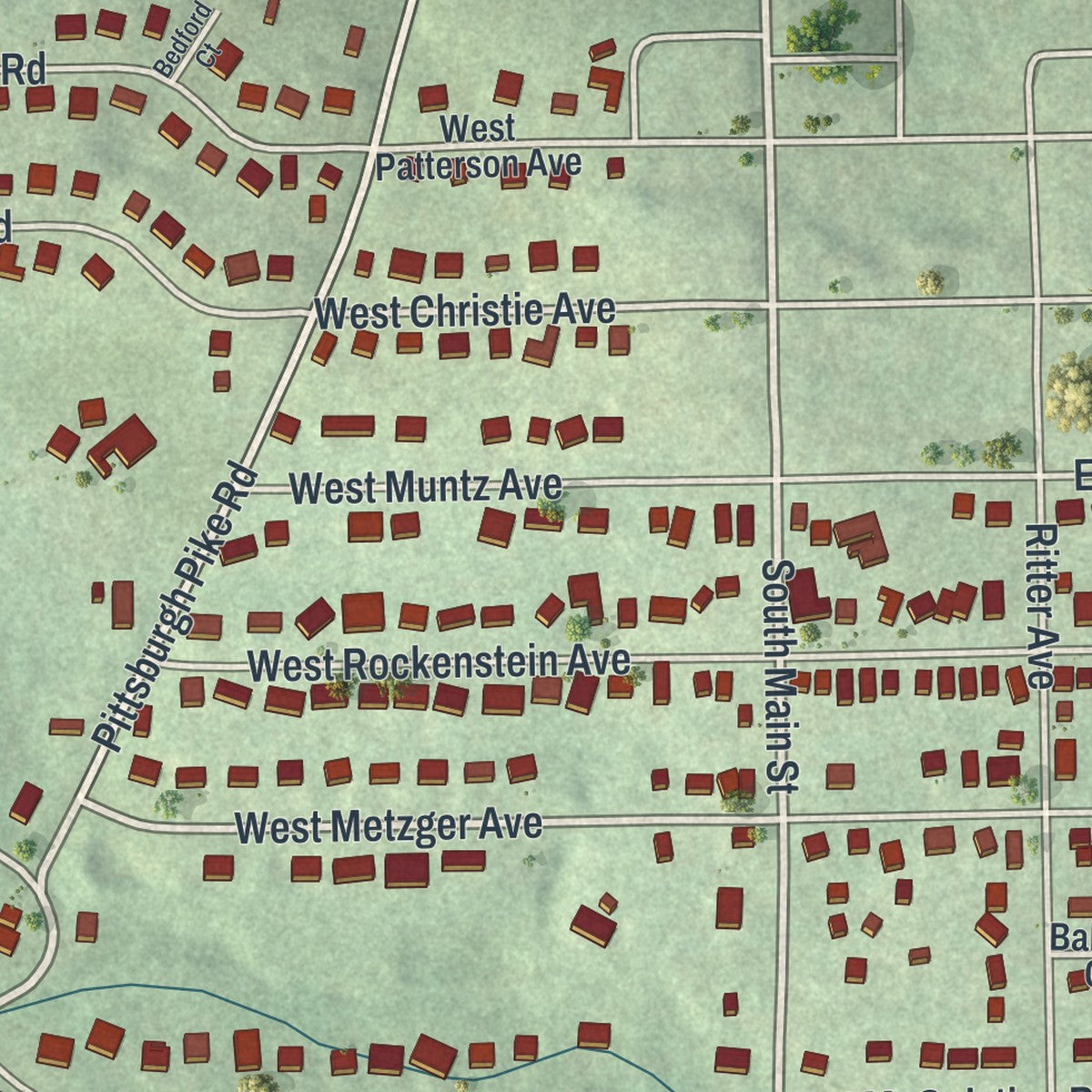 Close-up of the map of Meadowood, Pennsylvania print showing street and building detail