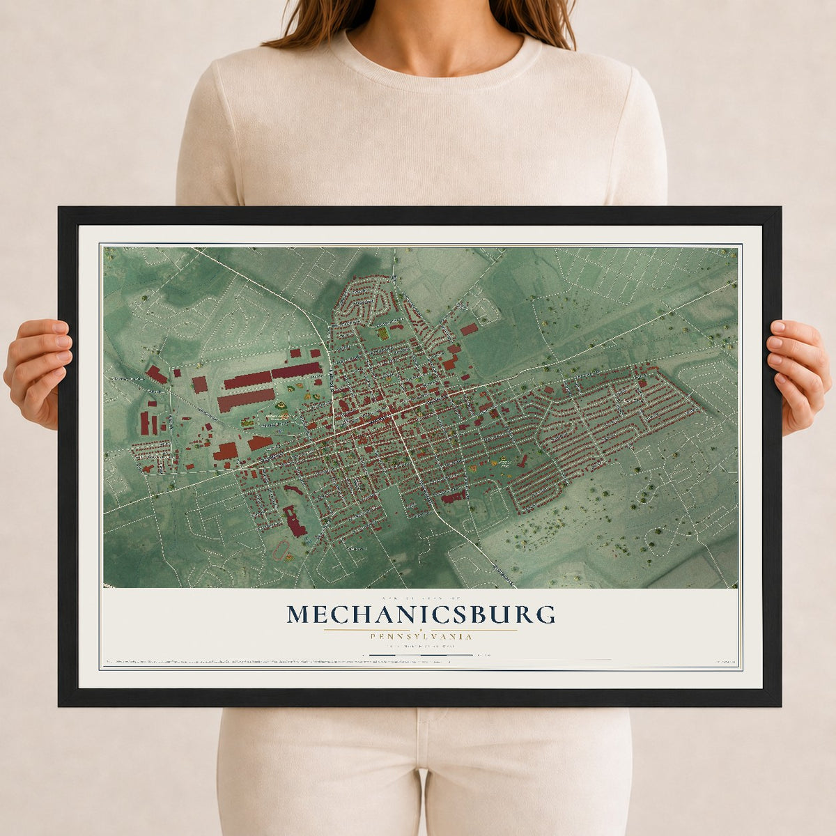 Map of Mechanicsburg, Pennsylvania, 12 x 18 inch print in a black wood frame