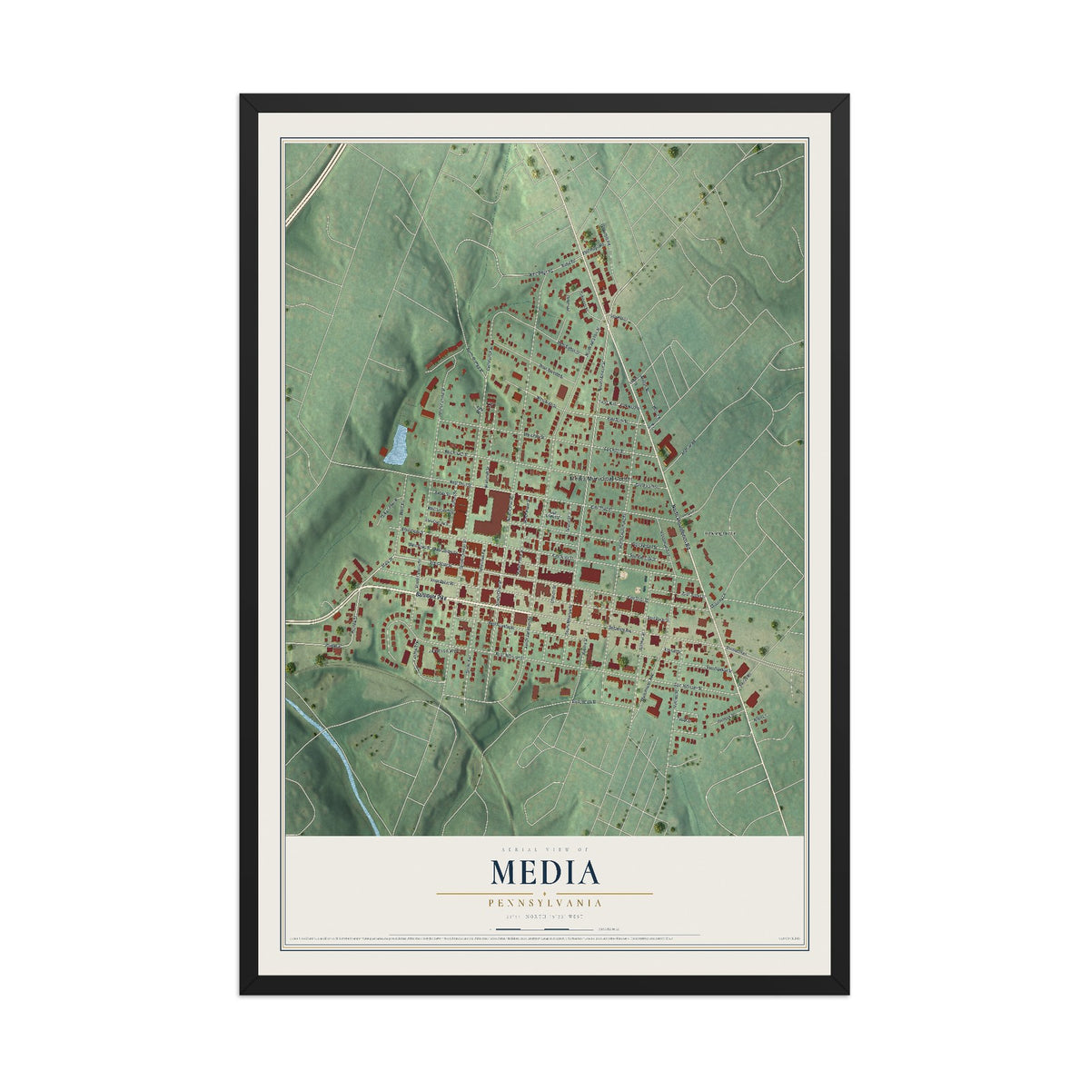 Map of Media, Pennsylvania, 12 x 18 inch print in a black wood frame