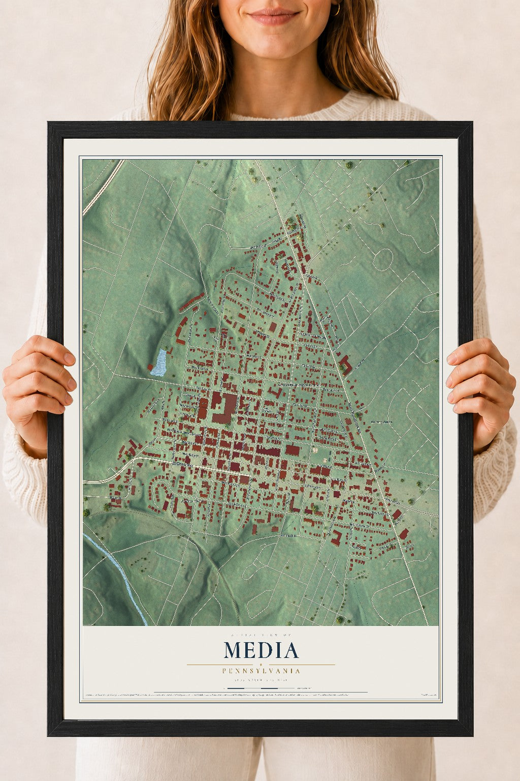 Map of Media, Pennsylvania, 18 x 24 inch print in a black wood frame