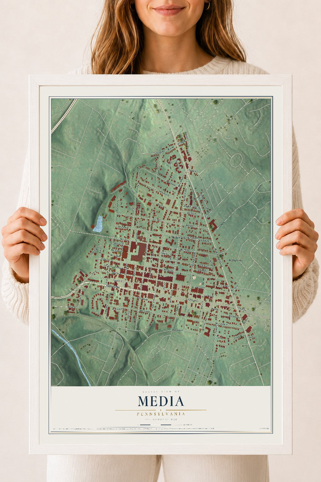 Map of Media, Pennsylvania, 18 x 24 inch print in a white wood frame
