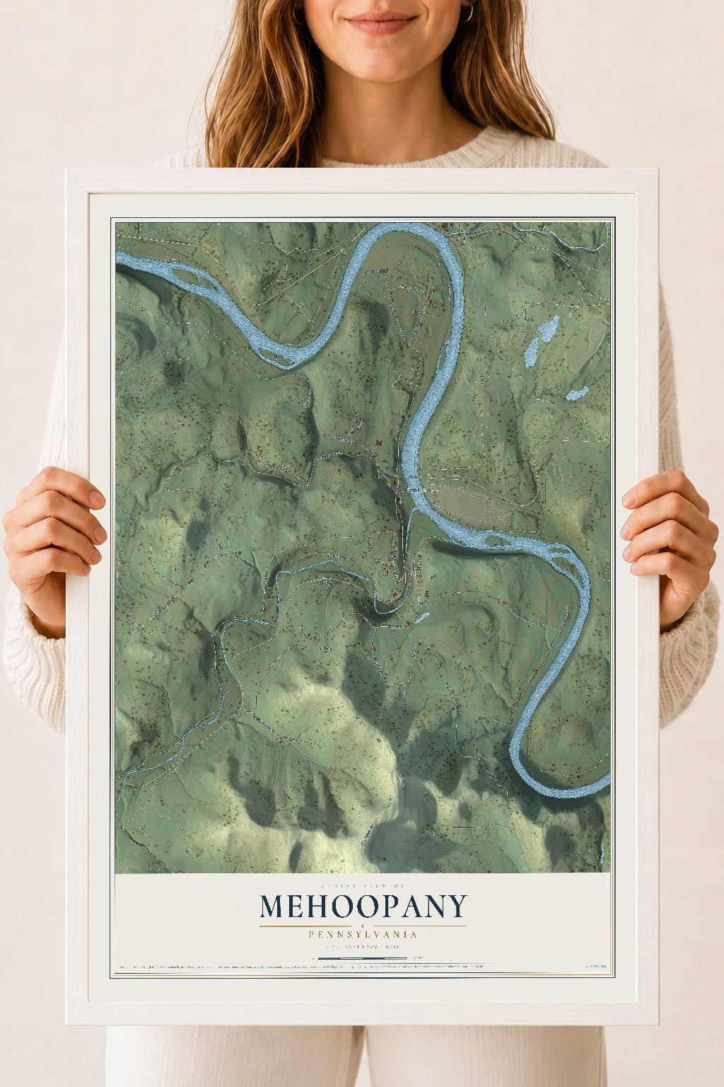 Map of Mehoopany, Pennsylvania, 18 x 24 inch print in a white wood frame