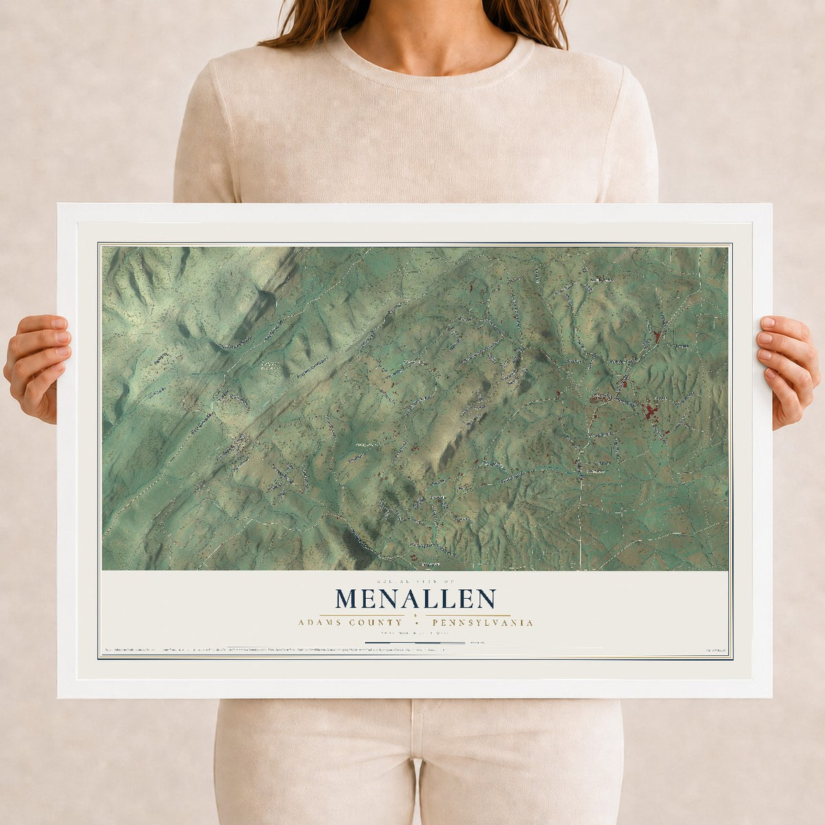 Map of Menallen, Adams County, Pennsylvania, 12 x 18 inch print in a white wood frame