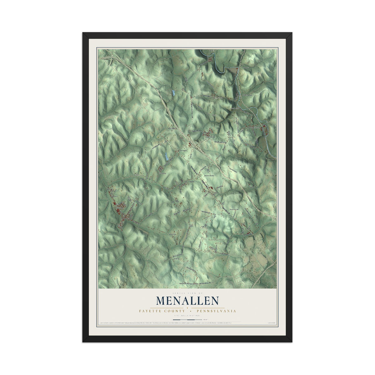Map of Menallen, Fayette County, Pennsylvania, 12 x 18 inch print in a black wood frame