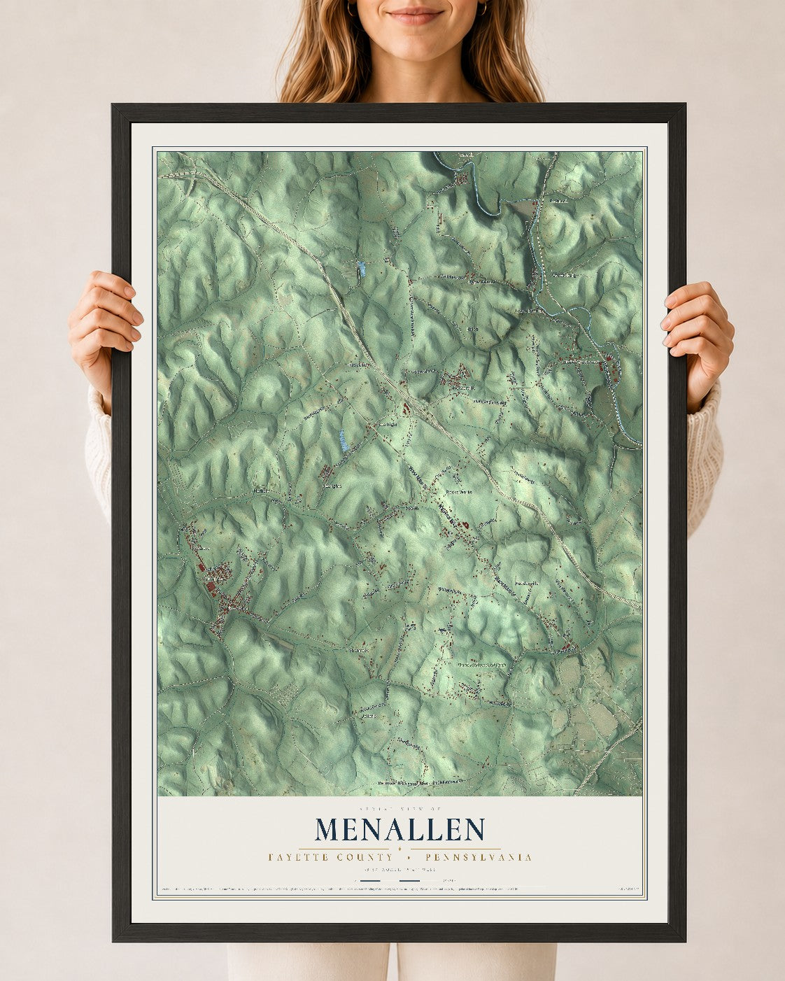 Map of Menallen, Fayette County, Pennsylvania, 24 x 36 inch print in a black wood frame
