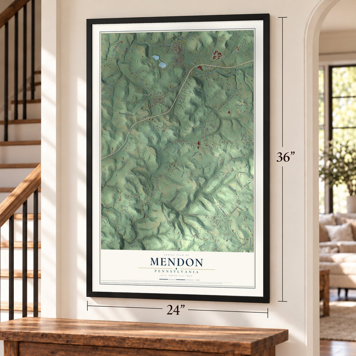 Mendon, Pennsylvania map, 24 x 36 inch print in a black frame by a staircase