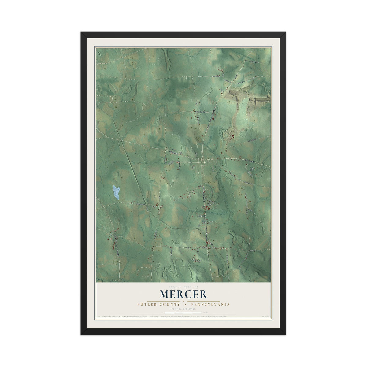 Map of Mercer, Butler County, Pennsylvania, 12 x 18 inch print in a black wood frame