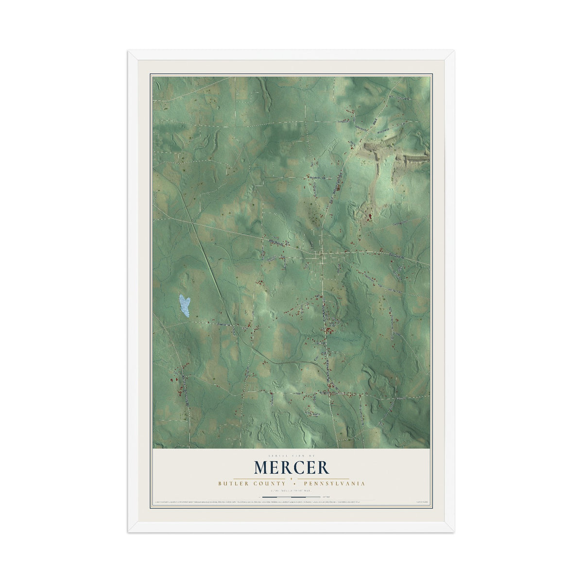 Map of Mercer, Butler County, Pennsylvania, 12 x 18 inch print in a white wood frame