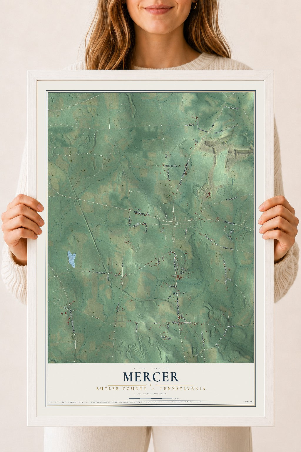 Map of Mercer, Butler County, Pennsylvania, 18 x 24 inch print in a white wood frame