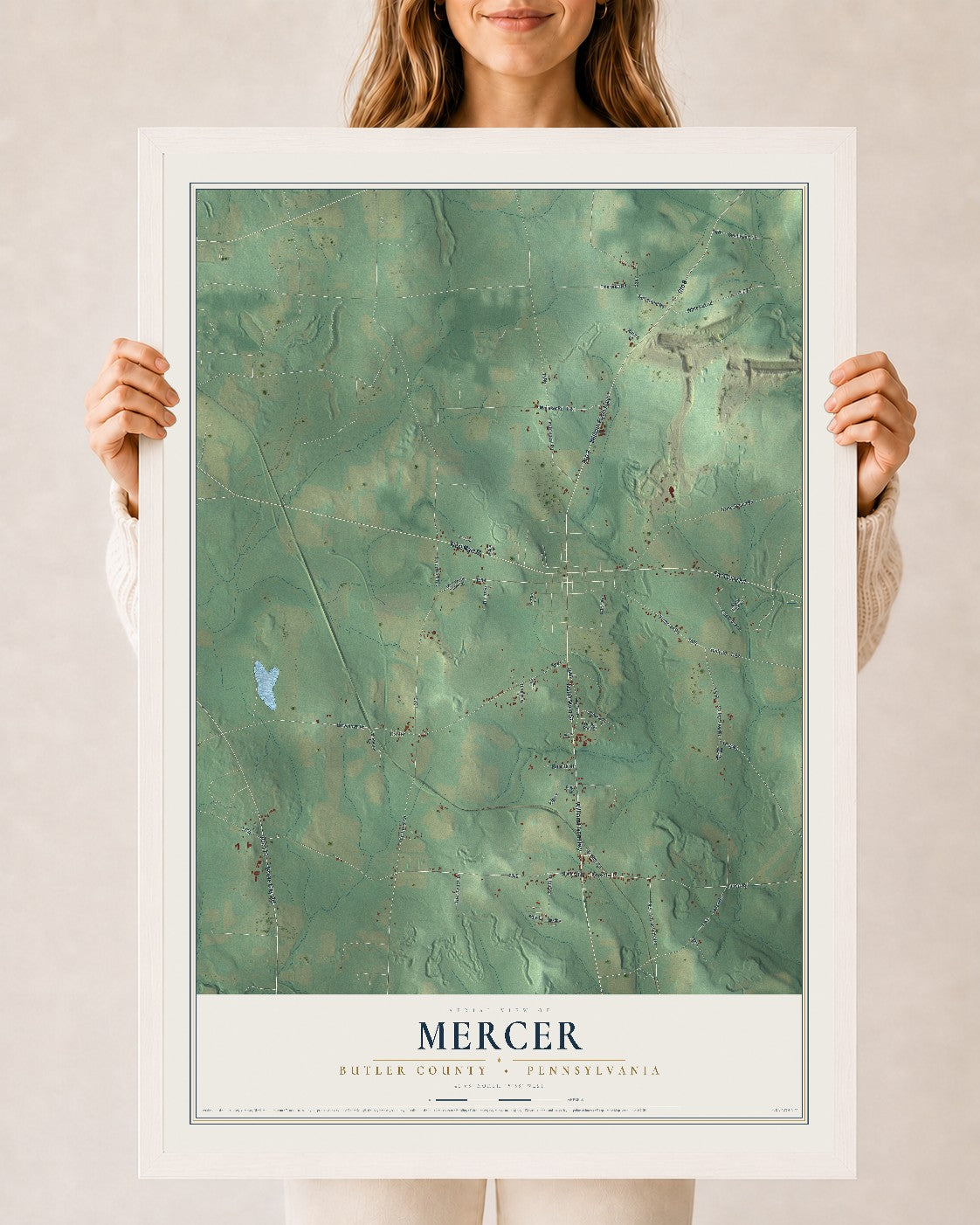 Map of Mercer, Butler County, Pennsylvania, 24 x 36 inch print in a white wood frame