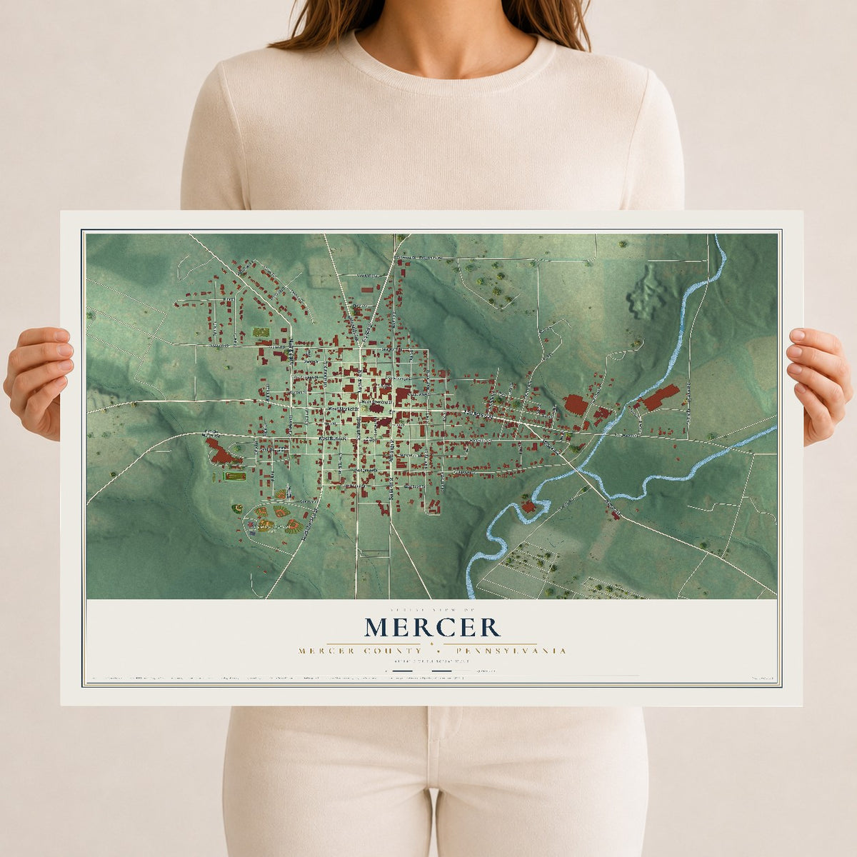 Map of Mercer, Mercer County, Pennsylvania, 12 x 18 inch unframed archival matte print